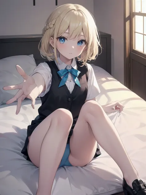 masterpiece, highest quality, Very detailed, 16k, Ultra-high resolution、One 14-year-old girl, Detailed face、blue eyes, Blonde, Braid, Blue Panties, White blouse, Black vest, Western-style room, futon, Lie down with your legs outstretched