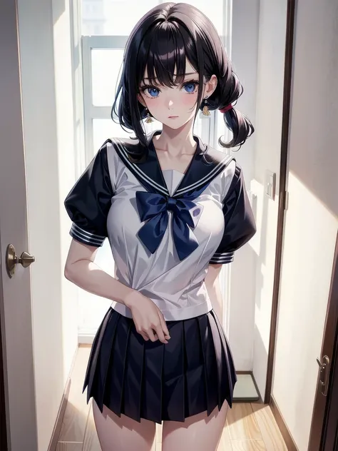 sailor school_uniform, absurdres, RAW photo, extremely delicate and beautiful, masterpiece, Best Quality, ultra high resolution, 32k, hyperrealistic, ultra-detailed, detailed description, pale skin, 20 years old, tearful mole, earring, Colossal tits, short...