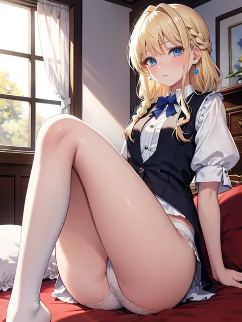 masterpiece, highest quality, Very detailed, 16k, Ultra-high resolution、One 14-year-old girl, Detailed face、blue eyes, Blonde, Braid, White panties, White blouse, Black vest, Western-style room, futon, Lie down with your legs outstretched