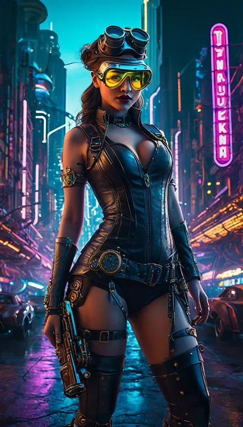 A girl in an atompunk city, wearing a futuristic outfit, with glowing neon lights reflecting on her metallic, high-tech goggles and visor. She is holding a vintage raygun in her hand and standing in front of a retro-futuristic vehicle. The cityscape is fil...