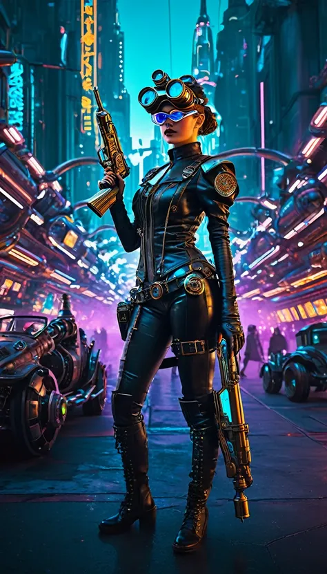 A girl in an atompunk city, wearing a futuristic outfit, with glowing neon lights reflecting on her metallic, high-tech goggles and visor. She is holding a vintage raygun in her hand and standing in front of a retro-futuristic vehicle. The cityscape is fil...