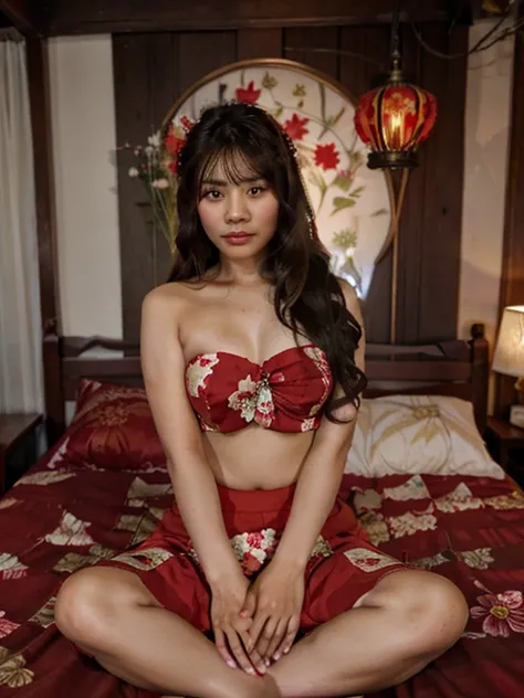 Fat Thai girl, beautiful face, sharp eyes, long wavy hair with red flowers in her hair. Red strapless shirt, Indian skirt Have leadership and dare to express yourself Comfortable sitting position on an antique wooden bed. In the bedroom, a vase of flowers ...