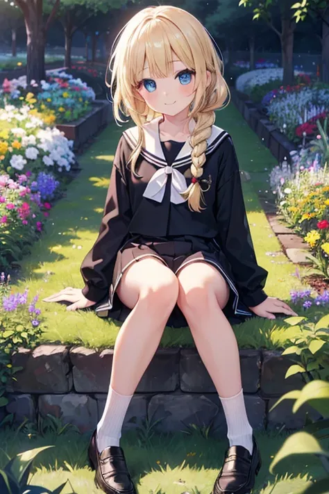 (8k, highest quality, Tabletop:1.2)、Ultra-high resolution、Ultra-detailed, One 12-year-old girl, Detailed face、smile, blue eyes, Blonde, Braid, White socks, Black Loafers, Black Sailor Suit, White panties, garden, flower bed, Sitting on the grass