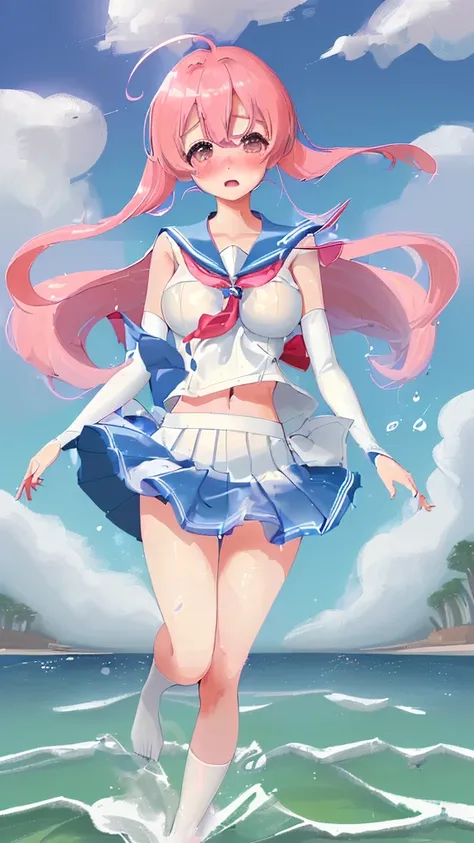 One girl、Beautiful girl in sailor suit、Cleavage、blush shyly、Splash、キラキラしたSplash、fantasy、My skirt was blown up by the wind、High resolution、8k