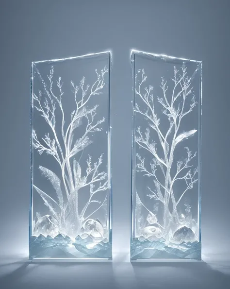 Ice sculpture in flower shape, in the water, bright background, studio lighting,romantic style, glass-like sculptures, frozen movement，high details,expensive style,pop style, high details white and silver tone
