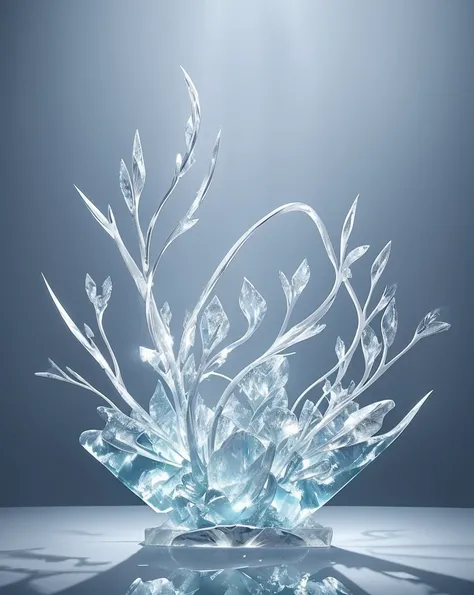 Ice sculpture in flower shape, in the water, bright background, studio lighting,romantic style, glass-like sculptures, frozen movement，high details,expensive style,pop style, high details white and silver tone
