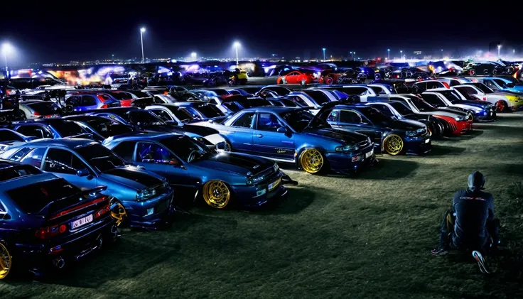 a mechanic surrounded by tuned cars with body kits (Night) (very distant camera) (cars) (tuning) (spoilers) (person) (looking at the camera) (chido) (lights)