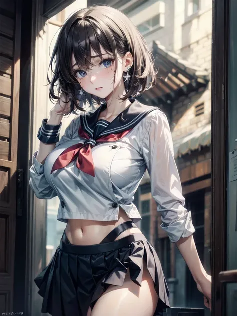 sailor school_uniform, absurdres, RAW photo, extremely delicate and beautiful, masterpiece, Best Quality, ultra high resolution, 32k, hyperrealistic, ultra-detailed, detailed description, pale skin, 20 years old, tearful mole, earring, Colossal tits, short...