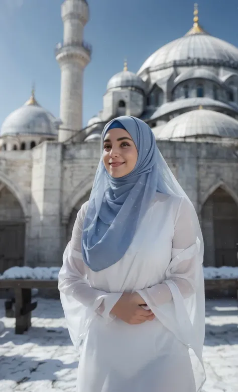 high quality, ((photo du corps entier)), (detailed), pose sexy, regarde devant la caméra, visage parfait, petit sourire satisfait, Womens model, joli visage, bonne taille, grosse poitrine, ((Turc)), devant Sainte-Sophie, Blue Mosque, sexy, Hijab, vêtements...