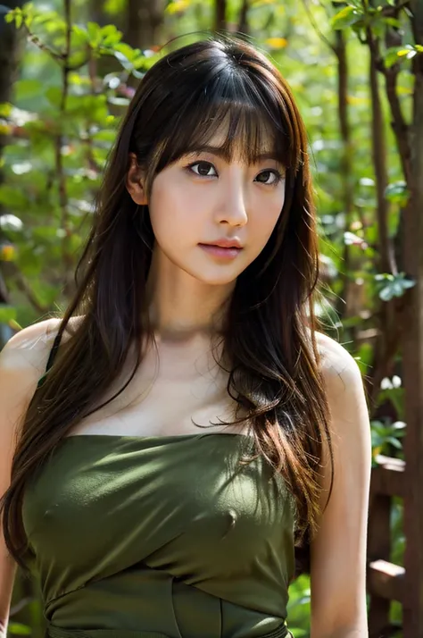 best quality, 8k, highly detailed face and skin texture, high resolution, big tits long hair japanese girl stand in forest, full body, sharp focus