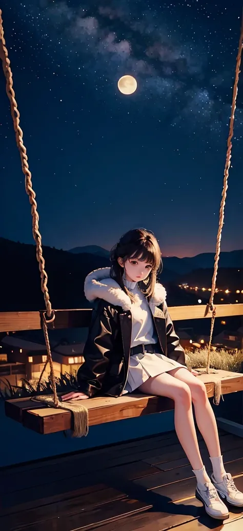 best quality, very good, 16k， Ridiculous, Extremely detailed, The tiny girl sits on the swing in the corner of the picture，Far right, Staring into the distance,coat，Short skirt, Bare legs，White socks，thin，thin legs，Attractive appearance, wind, wind-effect,...