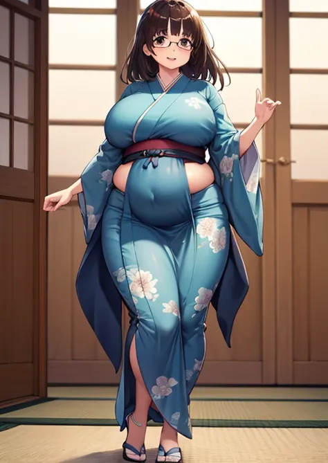 (masterpiece, best quality, highly detailed), 1girls, big belly, huge belly, art by kipteitei, round belly, chubby, curvy, belly grab, enormous belly, fat belly, thicc, bigger belly, really big belly, jiggly belly, glasses, japanese traditional clothes, ti...