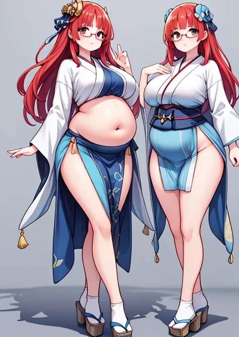 (masterpiece, best quality, highly detailed), 1girls, big belly, huge belly, art by kipteitei, round belly, chubby, curvy, belly grab, enormous belly, fat belly, thicc, bigger belly, really big belly, jiggly belly, glasses, japanese traditional clothes, ti...