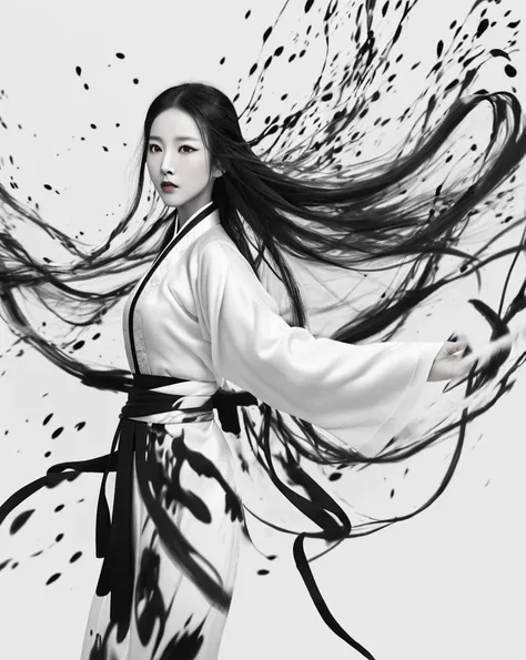 zydink, monochrome, ink sketch, asian (middle age woman), fighting stance, looking at viewer, long hair, floating hair, hanfu, chinese clothes, long sleeves, (abstract ink splash:1.2), white background
