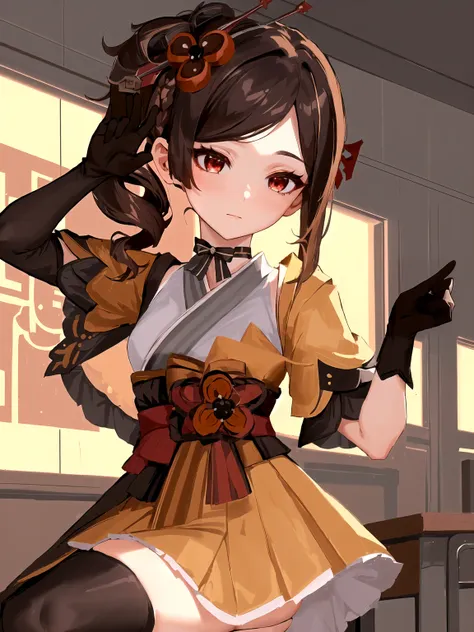 ((best quality)), ((masterpiece)), (detailed), perfect face, perfect hand, chiori, 1girl, brown hair, drill hair, hair ornament,hair flower, flower, red eyes, elbow gloves,short sleeves,wide sleeves, japanese clothes, kimono, pleated skirt,dress, black thi...