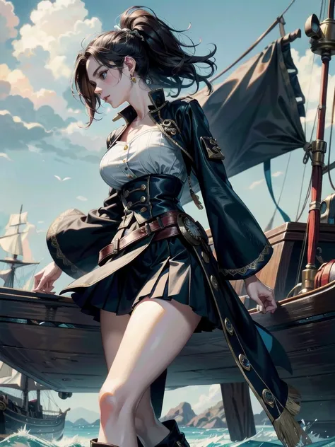 Practical pirate clothing, Long-sleeved pirate top, Skirt, boots, absurdres, RAW photo, extremely delicate and beautiful, masterpiece, Best Quality, ultra high resolution, 32k, hyperrealistic, ultra-detailed, detailed description, pale skin, 20 years old, ...