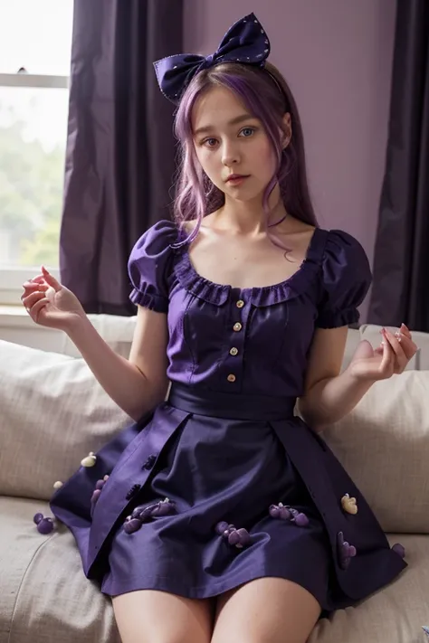 Purple long skirt set dress with blueberry patterns, Purple bow and headband, amber hair, 1 Housetails hair,Dark blue eyes, 13 years old, girl, eating purple macarons, Selfish