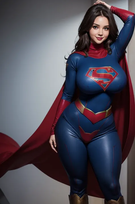 Supergirl, 29 years old, full body shot, Beautiful woman shoulder length curly brunette hair,  figure : (very full figure, very chubby, curvy, muffin top, love handles, extra thick, extra thicc, navel, very soft, fat hips, very thick, big breasts, sexy, se...