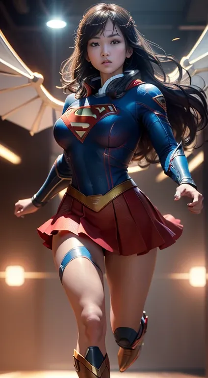 ((Best quality)), ((Supergirls masterpiece)), (highly detailed:1.3), 3D, beautiful, (cyberpunk:1.2), in space, nebulous, holding_weapon, laser, (1Female Mecha:1.3), sexy body, facing the audience, bright blue eyes, full body, blonde, (flying, descending, d...