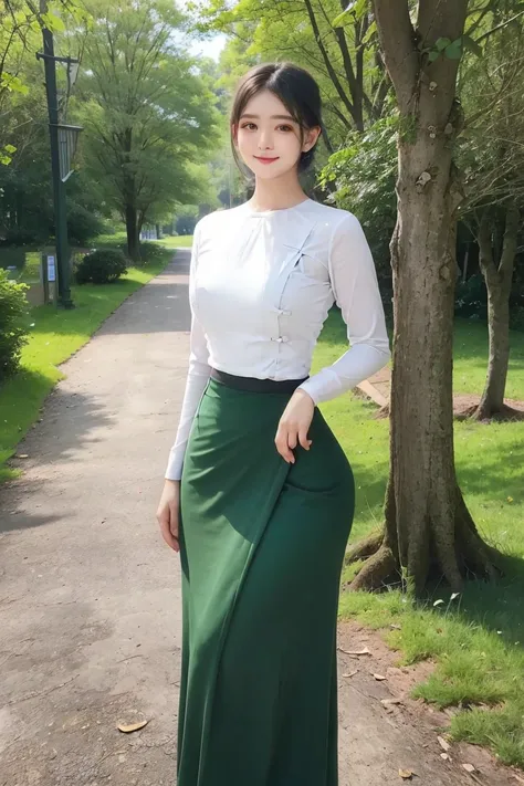 steady smile  Peaceful and beautiful face  civilized dress;  Along the village road, to the school, wearing a white top as a duty gown, a long green skirt below, a beautiful body that captivates everyone who sees it, high hips, a clear maximum figure, an i...