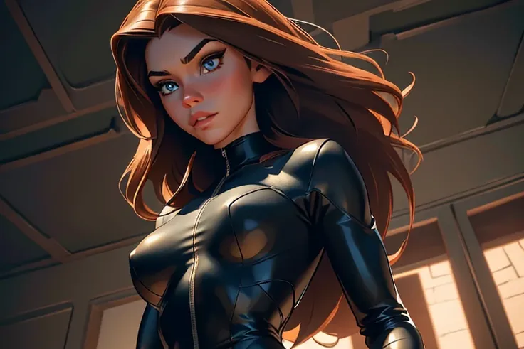 Masterpiece, raw, beautiful art, professional artist, 8k, very detailed face, very detailed hair, 1girl, Kim Possible, wearing black spy catsuit and spy gadget belt, no labels, no branding, cameltoe, on a mission, sneaking around Drakkens lab, perfectly dr...