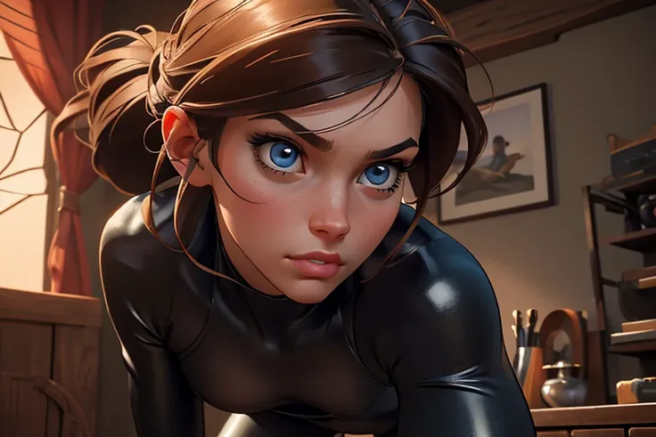 Masterpiece, raw, beautiful art, professional artist, 8k, very detailed face, very detailed hair, 1girl, Kim Possible, wearing black spy catsuit and spy gadget belt, no labels, no branding, cameltoe, on a mission, sneaking around Drakkens lab, perfectly dr...