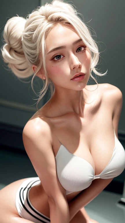 best quality, masterpiece,long wavy white bun hair, ultra hot sexy sensual ,off shoulder half-opened white tight short clothes, looking up, upper body,hair strand,Fair skin,side braids, waist up pose , upper knees pose , detail skin texture , detail breast...