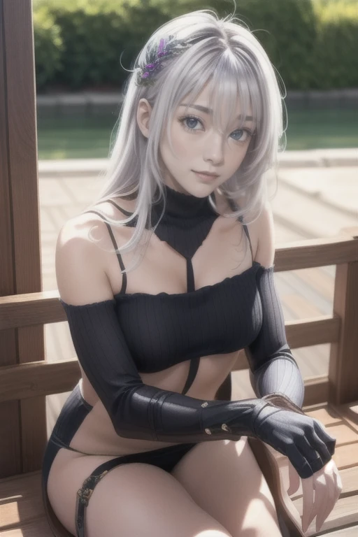 Best quality, masterpiece, detailed,
Rossweiss, Rossweisse 1 girl, closed mouth, slight smile,
White hair, green eyes, sea green eyes, long hair, hair ornament,
armor, mittens, bare shoulders,
I look at the viewer,
on open air