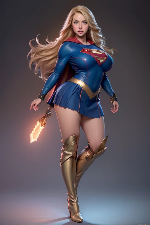 (8K, Best Quality, Photorealistic, masutepiece:1.2), super girl, Blue eyes, Blonde hair, Long hair, Cape, Superhero, Skirt, long boots, (Blonde girl:1.5), (Breast Focus:1.2), (Realistic:1.2), (Far View: 1.2), (Realism), (masutepiece:1.2), (Best Quality), (...