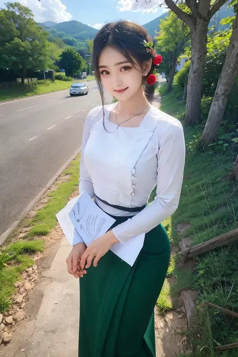 steady smile  Peaceful and beautiful face  civilized dress;  Along the village road, to the school, wearing a white top as a duty gown, a long green skirt below, a beautiful body that captivates everyone who sees it, high hips, a clear maximum figure, an i...