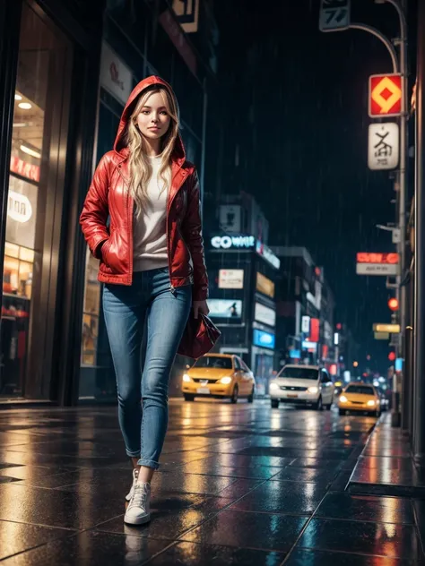 A picture of a modern brave and smart beautiful golden haired woman wears red jacket with hood walks in torrential rain confidently at the city sidewalk, bustling city with traffic jam when raining, with positive smirk, radiating her beauty in smart style,...