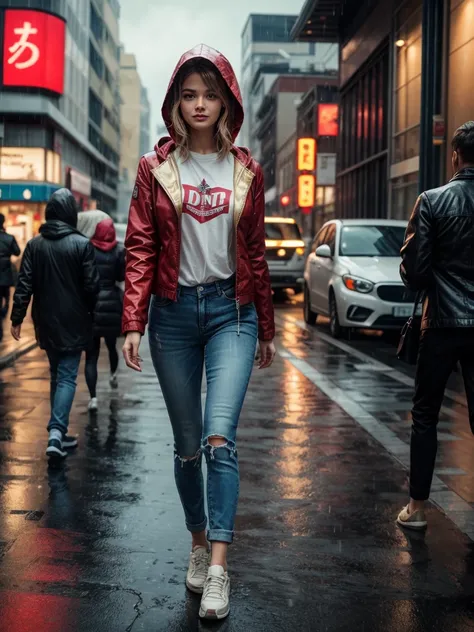 A picture of a modern brave and smart beautiful golden haired woman wears red jacket with hood walks in torrential rain confidently at the city sidewalk, bustling city with traffic jam when raining, with positive smirk, radiating her beauty in smart style,...