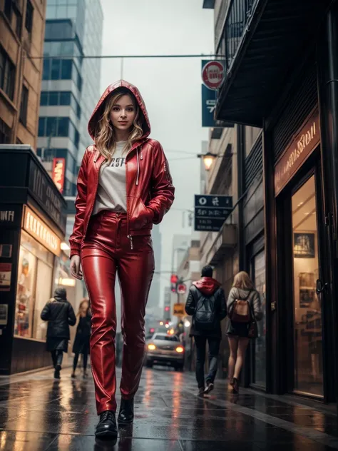 A picture of a modern brave and smart beautiful golden haired woman wears red jacket with hood walks in torrential rain confidently at the city sidewalk, bustling city with traffic jam when raining, with positive smirk, radiating her beauty in smart style,...