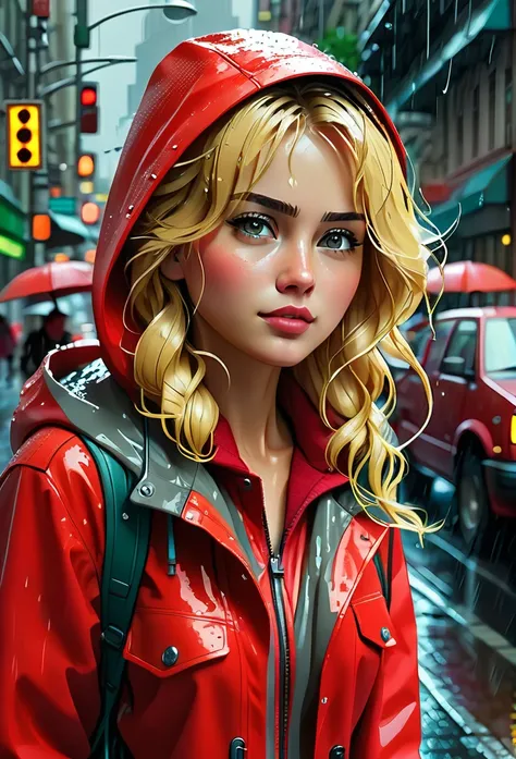 A picture of a modern brave and smart beautiful golden haired woman wears red jacket with hood walks in torrential rain confidently at the city sidewalk, bustling city with traffic jam when raining, with positive smirk, radiating her beauty in smart style,...