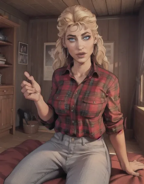 meredith,blonde hair,blue eyes,
hoop earrings,red flannel,jeans,
sitting,
cozy home,
(insanely detailed, masterpiece, best quali...