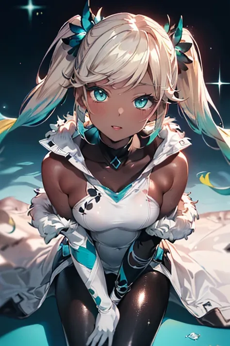 Iooiklas,Platinum platinum blonde hair,Twin tails, hair ornaments, White Dress, Black knee socks, 
Removable sleeves,Complex eyes,Beautiful fine details,Symmetrical eyes,Big eyes:1.5,
(((dark skin,dark_skin,lustrous skin:1.5,bright skin: 1.5,
skin tanned,s...