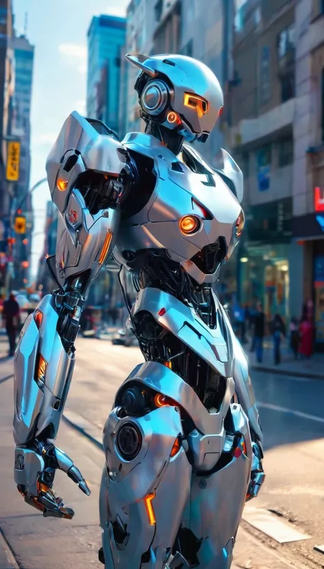 A robot with a silver exterior and blue highlights stands in the center of a city street. La conception du robot semble avancée et humanoïde, avec un casque qui illumine ses yeux en bleu, and detailed hands with five fingers. The urban backdrop features a ...