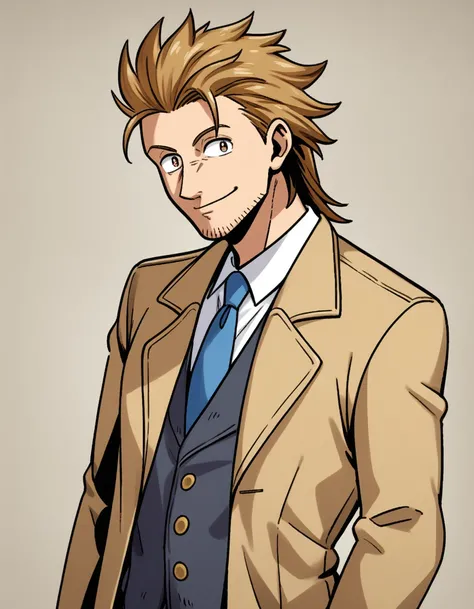 1man, goofy mature detective, ordinary, wavy slicked back spiked hair, yellow-brown hair, shihaku, light-brown eyes, short stubble, Oval-shaped, large eyes, ugly, boned nose, solo, upperlegs, white collared_shirt, blue necktie, beige trench_coat, dark worn...