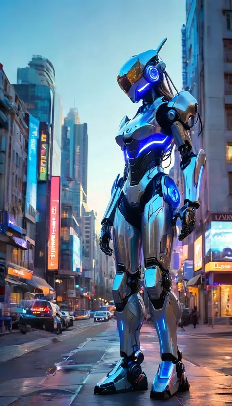 A robot with a silver exterior and blue highlights stands in the center of a city street. La conception du robot semble avancée et humanoïde, avec un casque qui illumine ses yeux en bleu, and detailed hands with five fingers. The urban backdrop features a ...