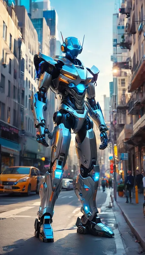 A robot with a silver exterior and blue highlights stands in the center of a city street. La conception du robot semble avancée et humanoïde, avec un casque qui illumine ses yeux en bleu, and detailed hands with five fingers. The urban backdrop features a ...