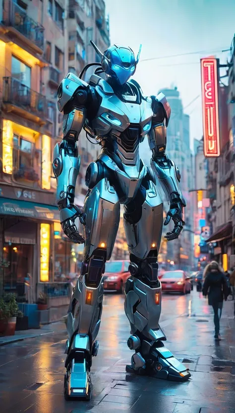 A robot with a silver exterior and blue highlights stands in the center of a city street. La conception du robot semble avancée et humanoïde, avec un casque qui illumine ses yeux en bleu, and detailed hands with five fingers. The urban backdrop features a ...