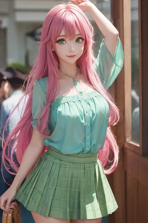 lala devilluke, lala deviluke, long hair, pink hair, tail, (green eyes:1.5), smile, break casual wear, translucent blouse, ruffl...