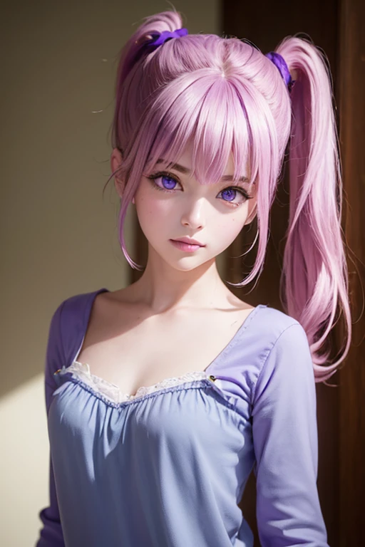 nanadevilluke, nanan, (purple eyes:1.4), (pink hair:1.2), two ponytails smile, break demon tail, casual wear,  break looking at ...