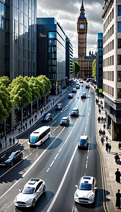 self-driving vehicle network: prompt: a fleet of autonomous vehicles navigates the streets of london, seamlessly coordinating th...