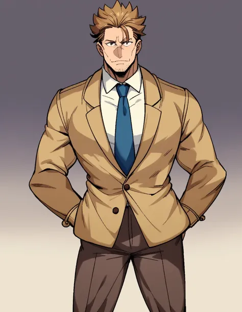 1man, goofy mature detective, ordinary, wavy slicked back spiked hair, yellow-brown hair, shihaku, light-brown eyes, short stubble, Oval-shaped, large eyes, ugly face, boned nose, dandy, muscular, solo, upperlegs, white collared_shirt, blue necktie, beige ...