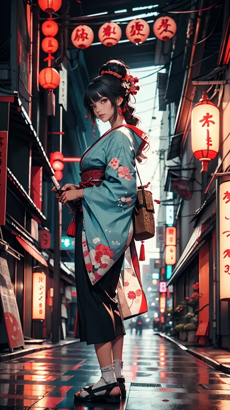 Japanese traditional clothing, Katsushika Hokusai Style, (cyber punk) (neon)、woman、long hair