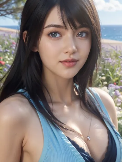 a close up of a woman in a blue dress posing for a picture, rinoa, seductive tifa lockhart portrait, tifa lockhart, attractive a...