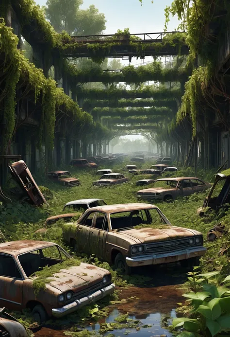 swamp filled with rusted cars and rubble over grown with vines shaded with trees, best quality, accurate details, ultra realistic, apocalyptic