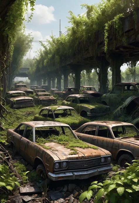 swamp filled with rusted cars and rubble over grown with vines shaded with trees, best quality, accurate details, ultra realistic, apocalyptic