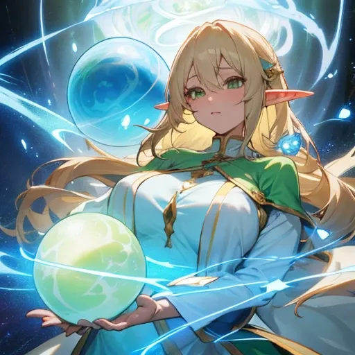 Elf、female、Large Breasts、Wizard、holy magic、Aura of Light、White-blonde、森のElfの衣装、森を守るElf、whole body、Stylish、Yellow-green eyes、Create a ball of light